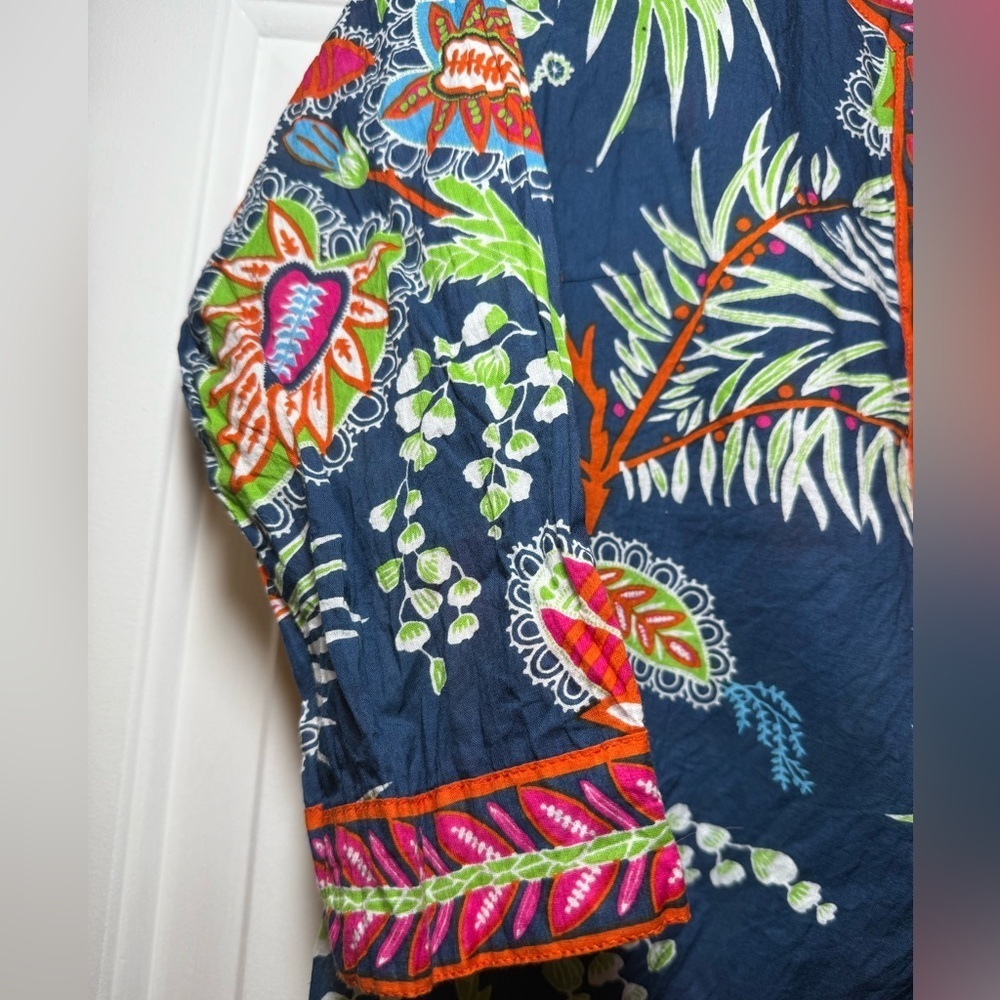 Gretchen Scott SMALL Princess Print Blouse Tunic Floral V Neck Navy Orange BOHO - Picture 3 of 7